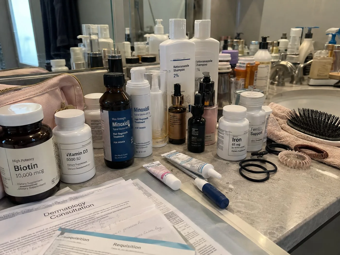 Topical minoxidil, at both concentrations. Hormone replacement. High-dose biotin, ferritin, and vitamin D. Ketoconazole shampoos. Absurdly