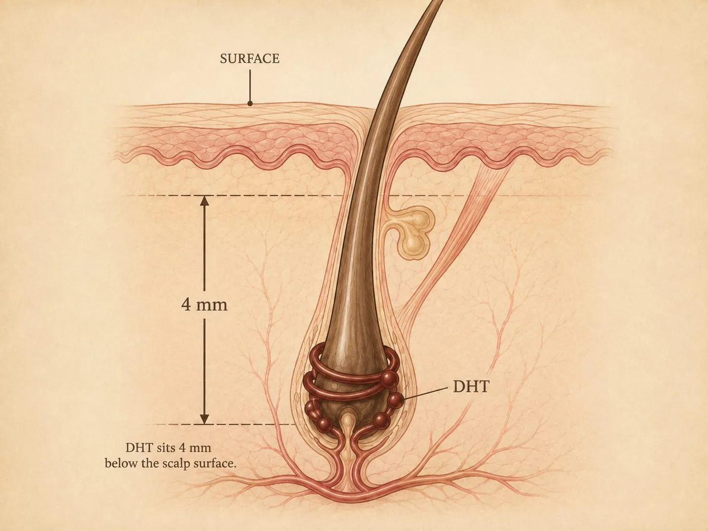 DHT is acting approximately 4 millimeters below the surface of your scalp