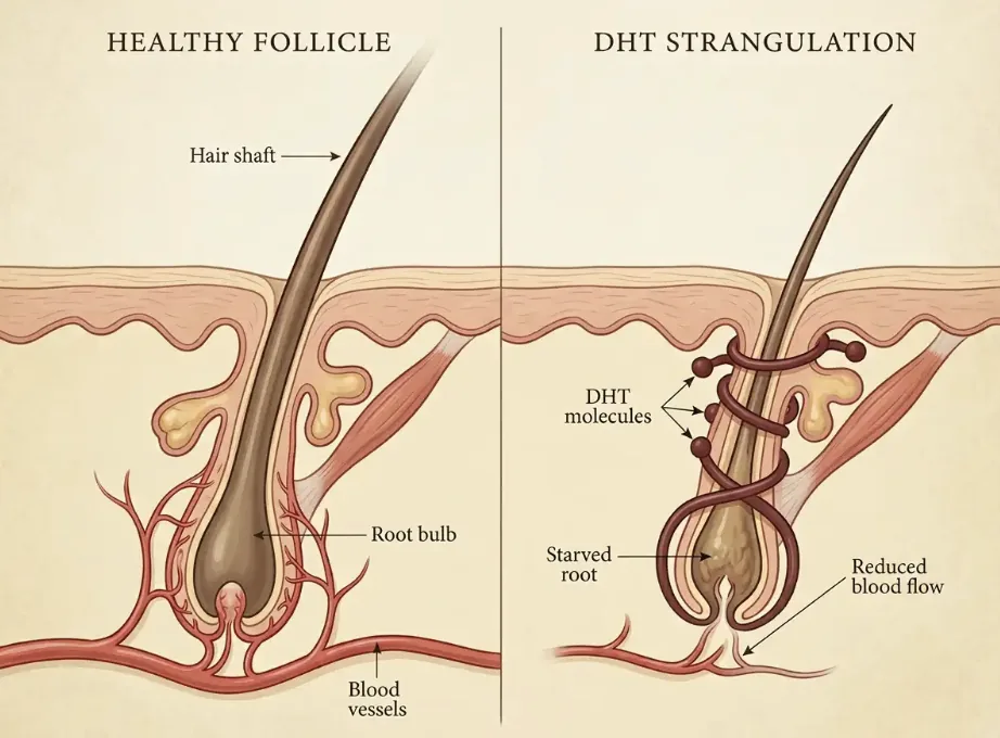 The hair gets thinner. Then weaker. Then it lets go — and nothing grows back to
