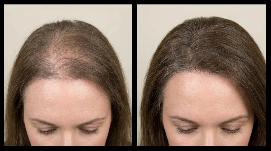 Priya M., 49 — hairline, before and after 90 days Priya M., 49 — hairline, before and after 90 days