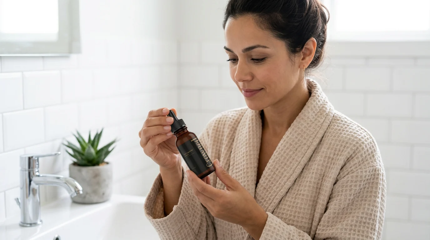 A woman with her hair down, holding a bottle of Crowned in her bathroom