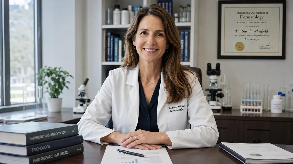 Dr. Sarah Whitfield, dermatologist, in her office