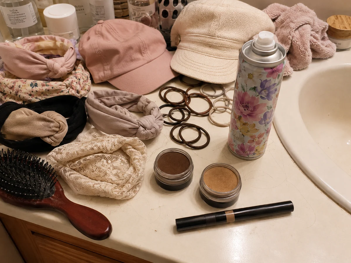 Hats, headbands, elastics and root powder on the bathroom counter
