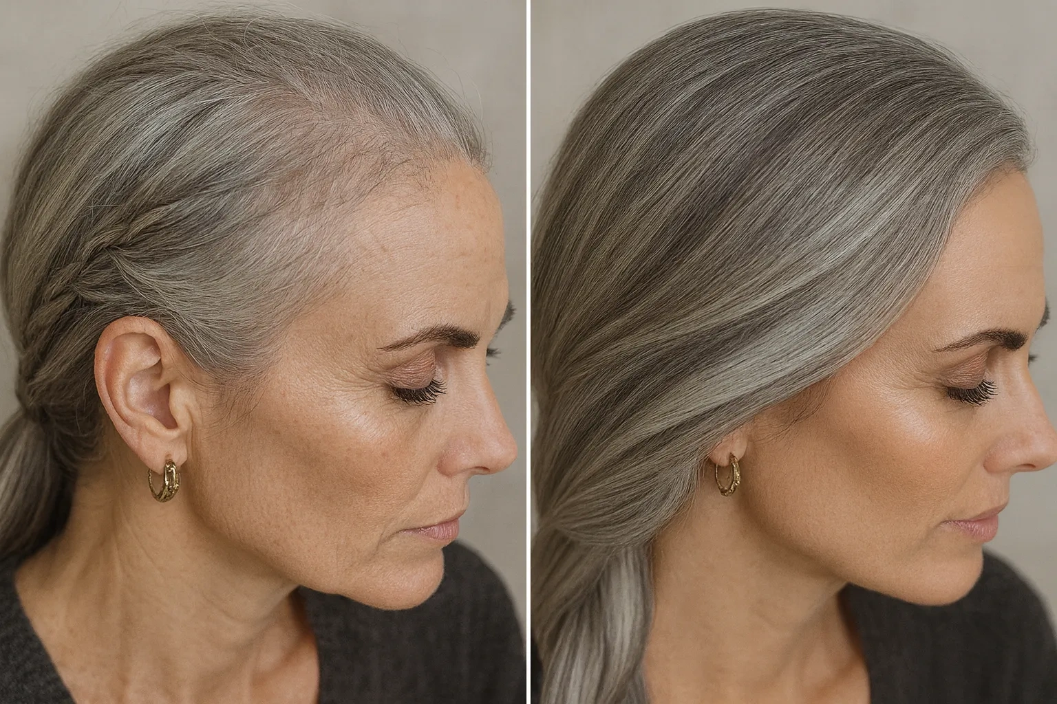 Denise R., 57 — temple and hairline, before and after 90 days Denise R., 57 — temple and hairline, before and after 90 days