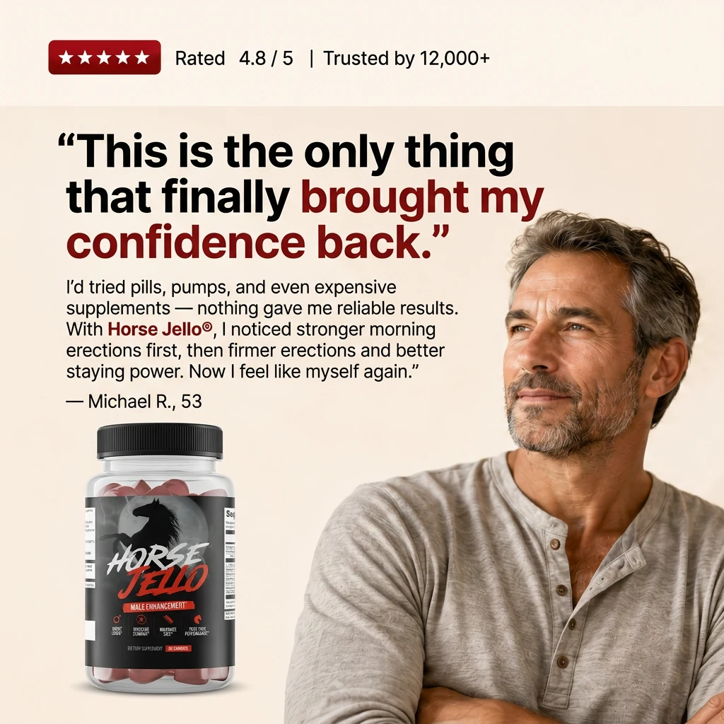 Rated 4.8 out of 5, trusted by 12,000+. &ldquo;This is the only thing that
                  finally brought my confidence back.&rdquo; I&rsquo;d tried pills, pumps, and even
                  expensive supplements &mdash; nothing gave me reliable results. With Horse
                  Jello&reg;, I noticed stronger morning erections first, then firmer erections and
                  better staying power. Now I feel like myself again. &mdash; Michael R., 53.
