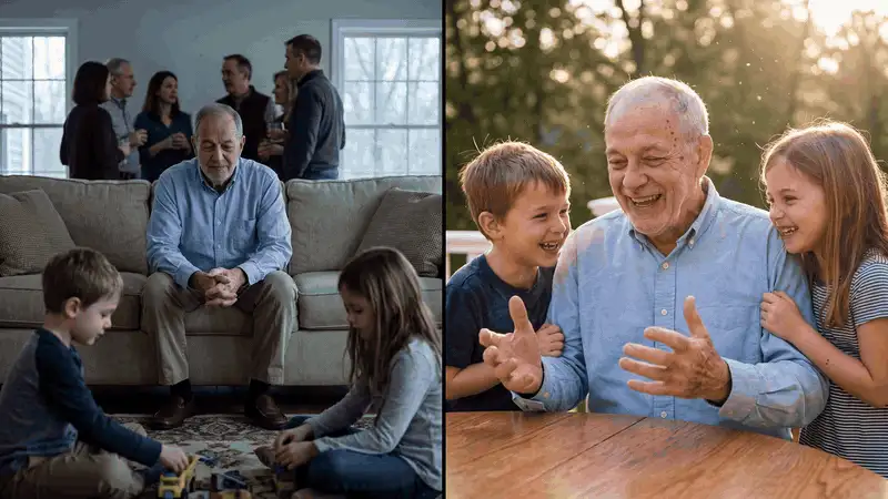 Before and after: back at the table with grandchildren Before and after comparison of a grandfather back at the family table with his grandchildren