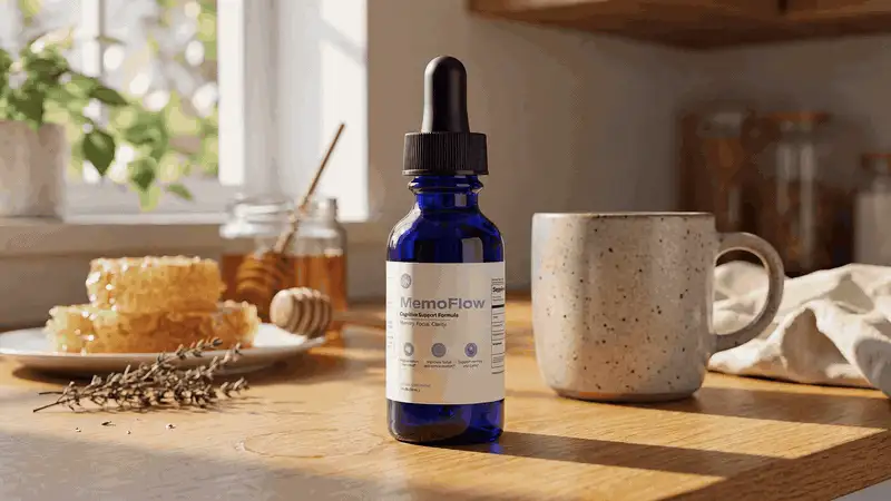 MemoFlow bottle of drops Bottle of MemoFlow honey and lithium orotate drops for memory support