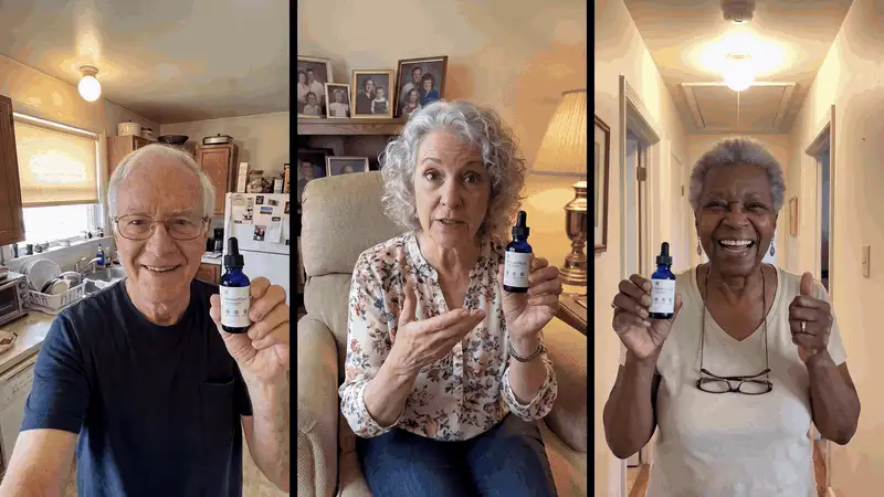 Seniors using MemoFlow at home Three older adults holding their bottle of MemoFlow at home