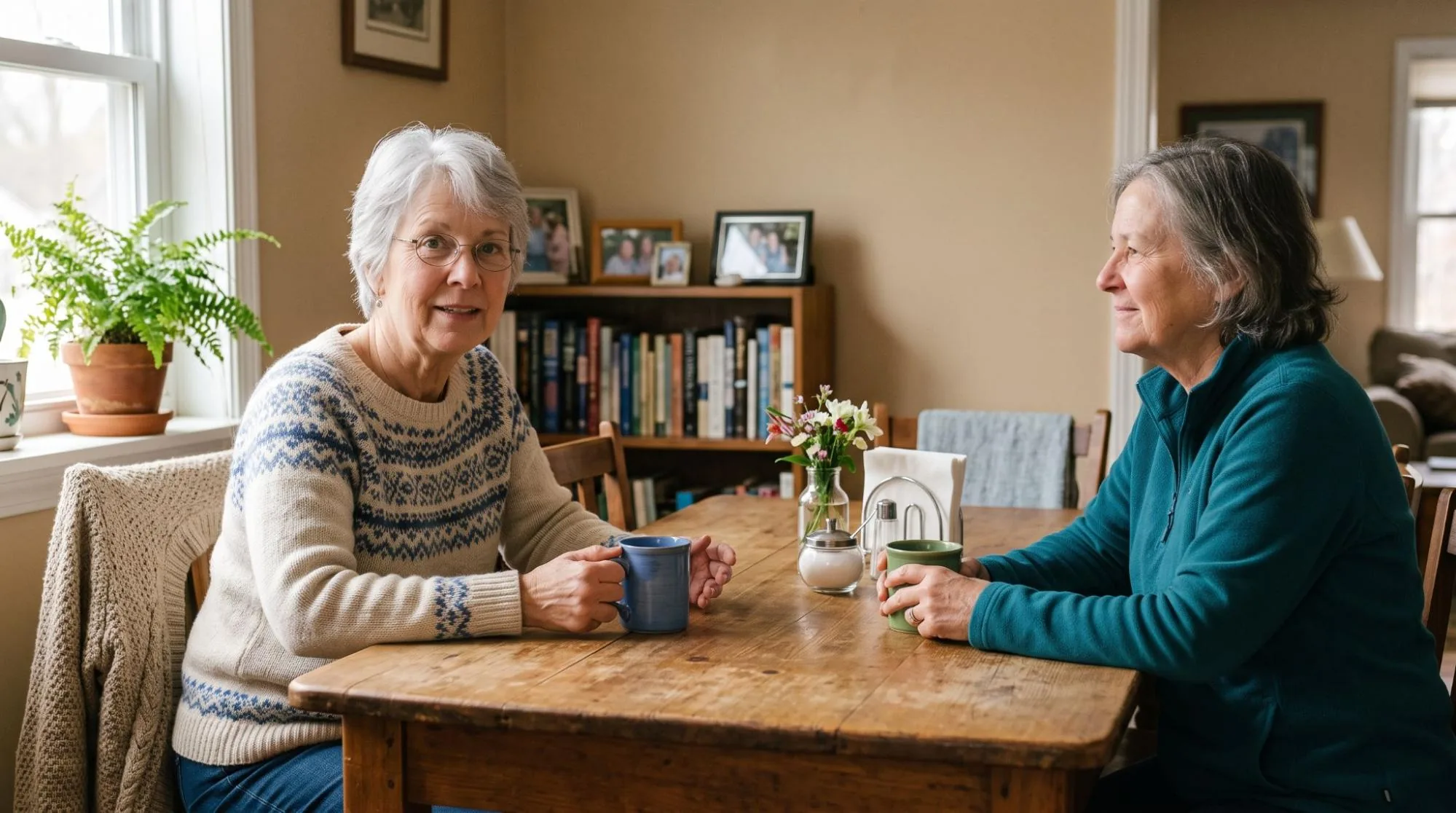 Margaret W., MemoFlow customer Margaret W. talking with a friend at her kitchen table