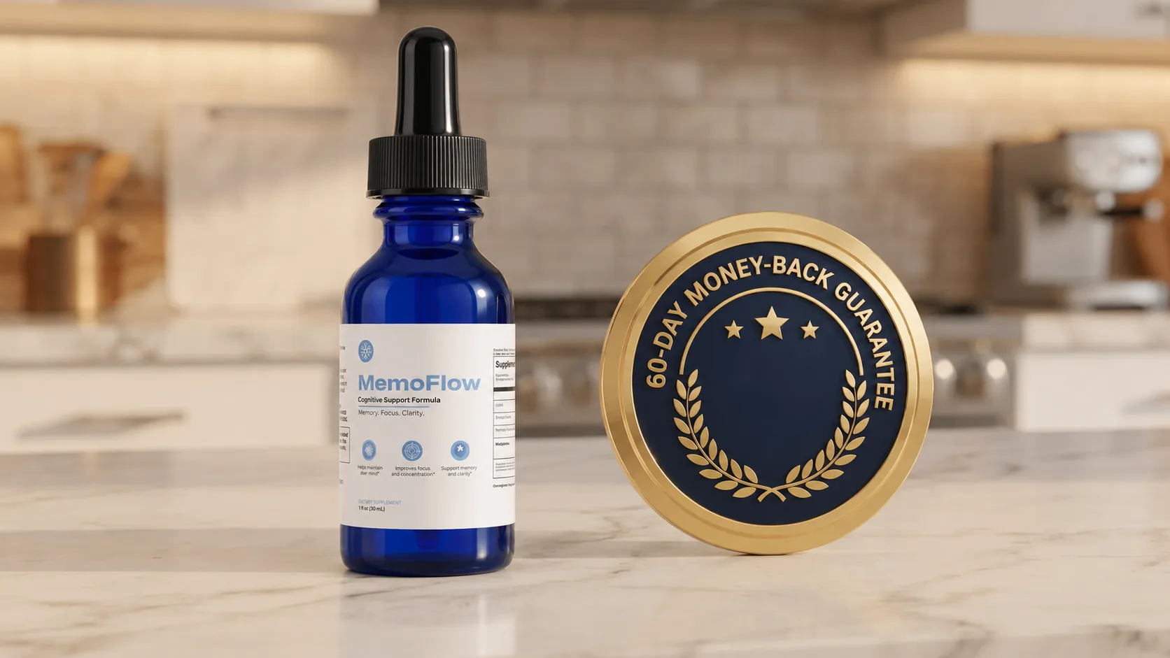 MemoFlow 60-day money-back guarantee MemoFlow 60-day money-back guarantee badge on a bottle of drops