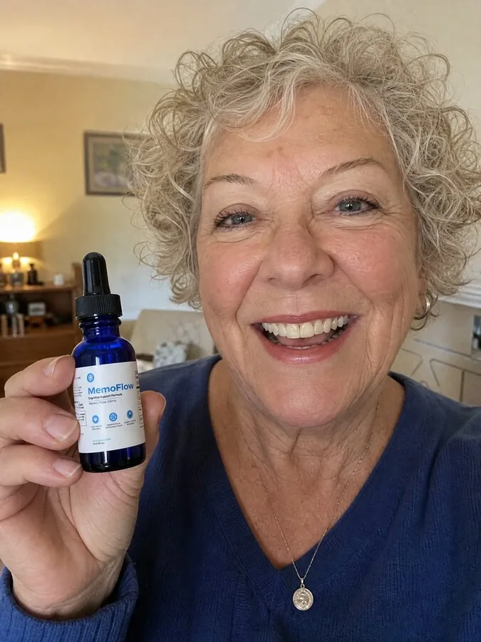 Ruth S. holding her MemoFlow bottle at home